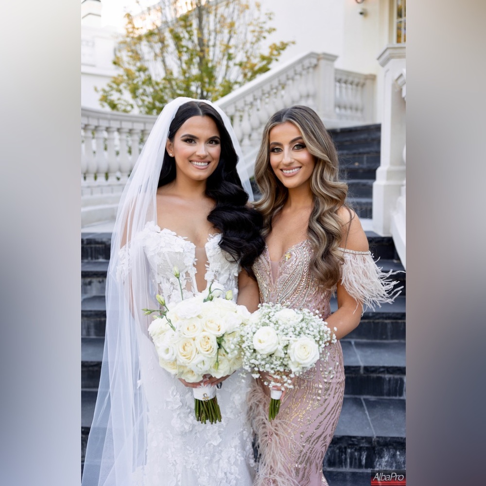 Portia and Scarlett Blush Sequin Feather-Trim Bridesmaid Gown